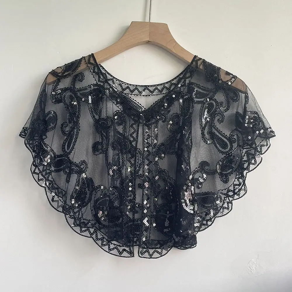 Mantel Ponco Payet Retro Gaya Vintage Blingbling Payet Berhias Manik-Manik Cape Pendek Bordir Tema 1920-an Payet Rumbai Selendang
