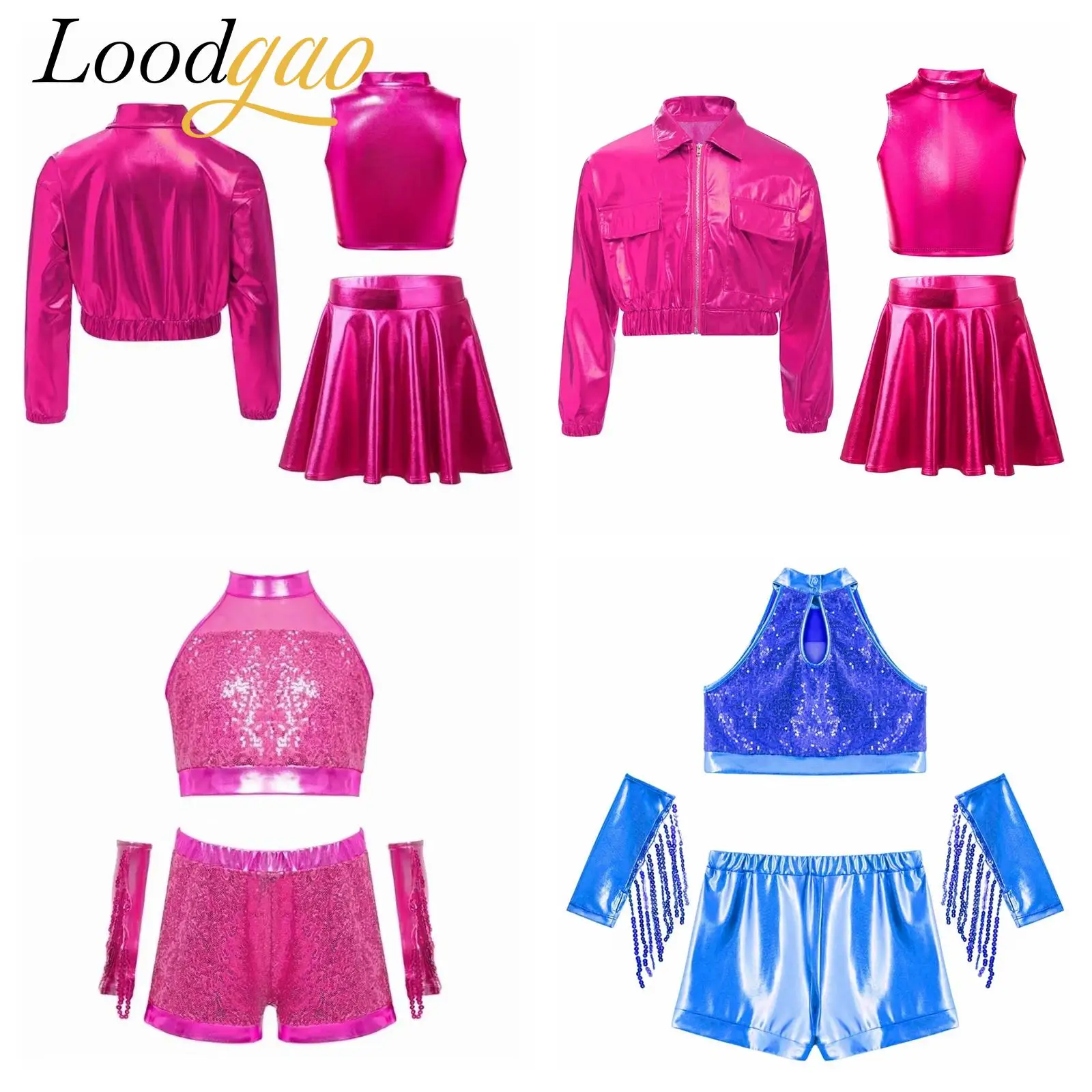Costumi da ballo jazz lucidi per ragazze per bambini Set di abbigliamento da ballo per cheerleader Abiti da cheerleader metallizzati per bambini Abiti hip-hop per adolescenti