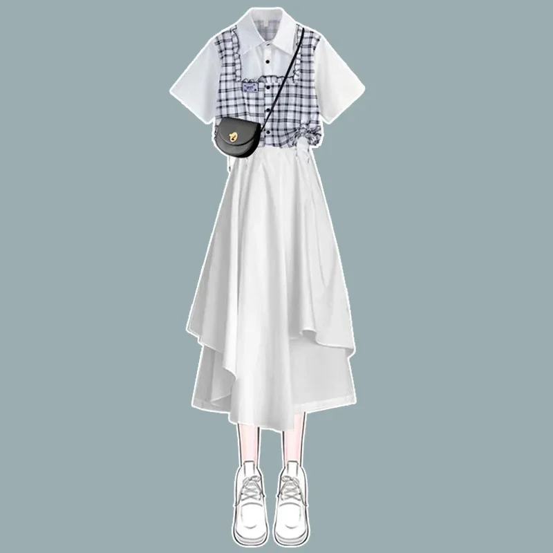 College Style Sweet Black White Patchwork Shirt Skirt Set 2023 New Summer Women's Irregular Skirt Female Elegant Two-piece Set