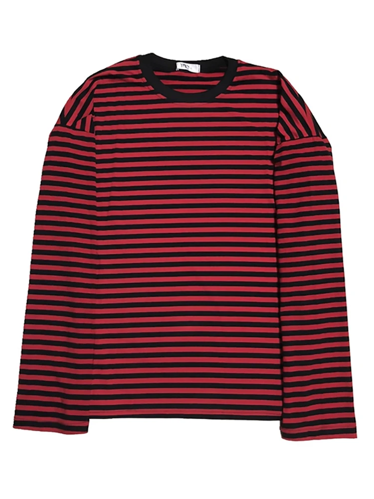 【24hour Fast Shipping】Women New Fashion Brand Vintage Black Red Stripe Harajuku O-neck Long Sleeve T-shirts Female Casual Tshirt