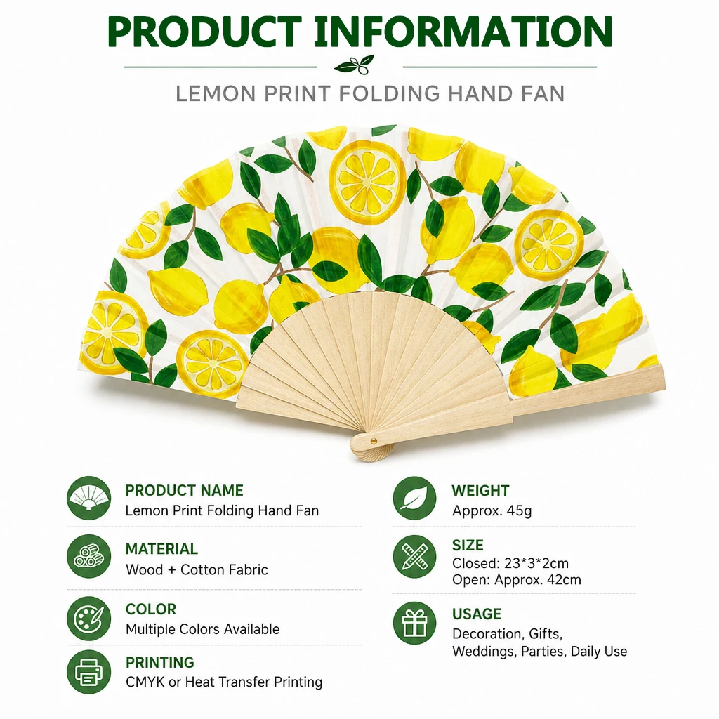 Ladies Folding Hand Fan with Fruit Print Lemon & Stripe, Wooden Fan, Perfect Accessory for Wedding Party Festival & Gift view 3
