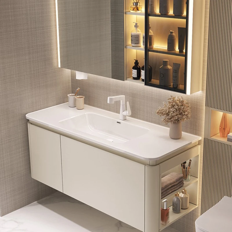 

Oak bathroom cabinet combination rounded corner ceramic integrated basin simple bathroom hand washbasin washbasin