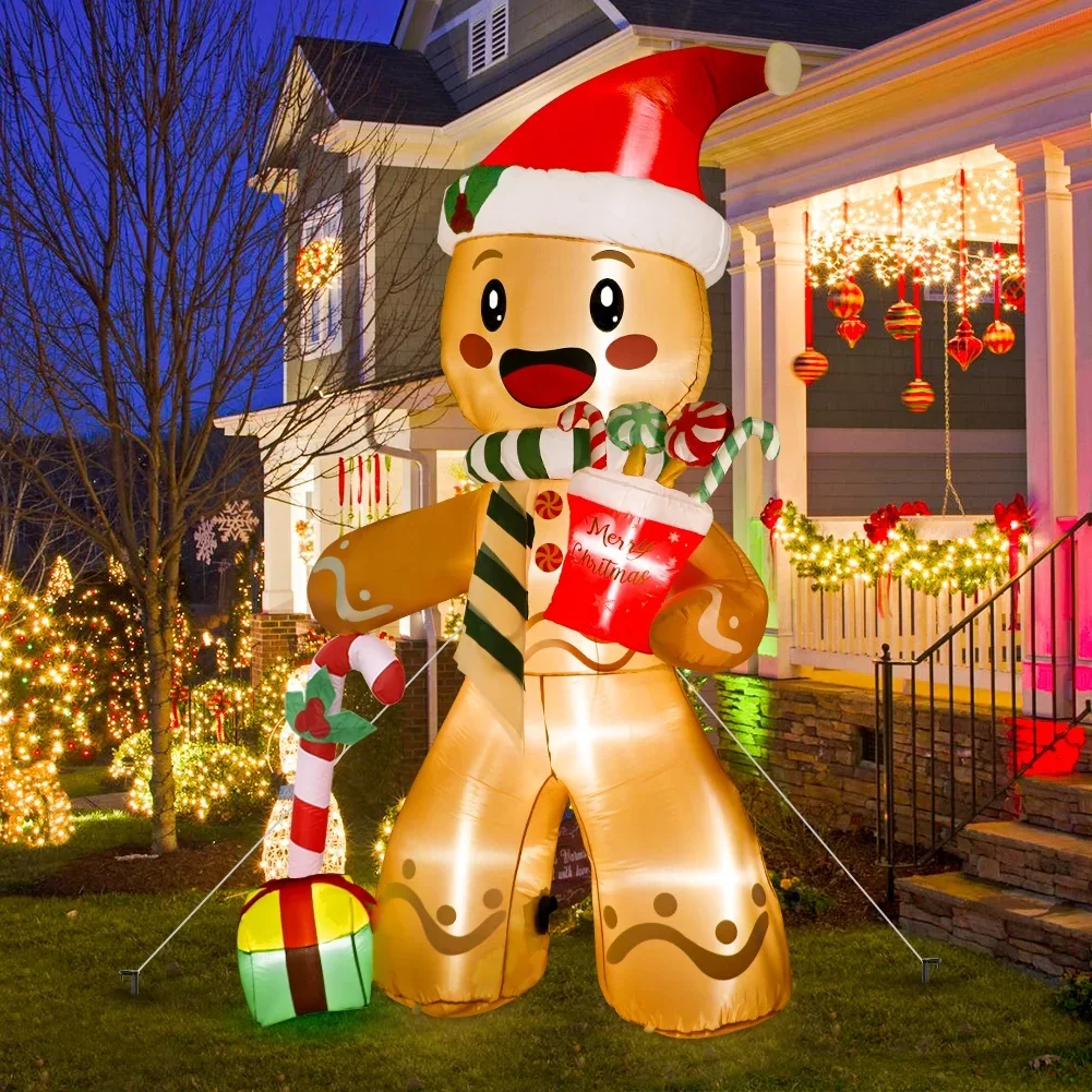 Ourwarm Outdoor Inflatable 8FT Navidad Gingerbread Man Blow up Lighting Tall Inflat Christmas Yard Decor