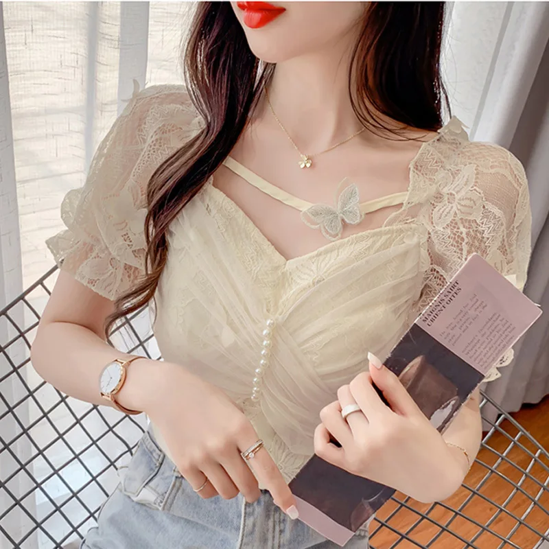 2023 Summer Puff Sleeve Off Shoulder Shirts Mesh Lace Bow Tops Sexy Sheer Buttoned Blouse For Women Blusa Mujer Blouses Ladies