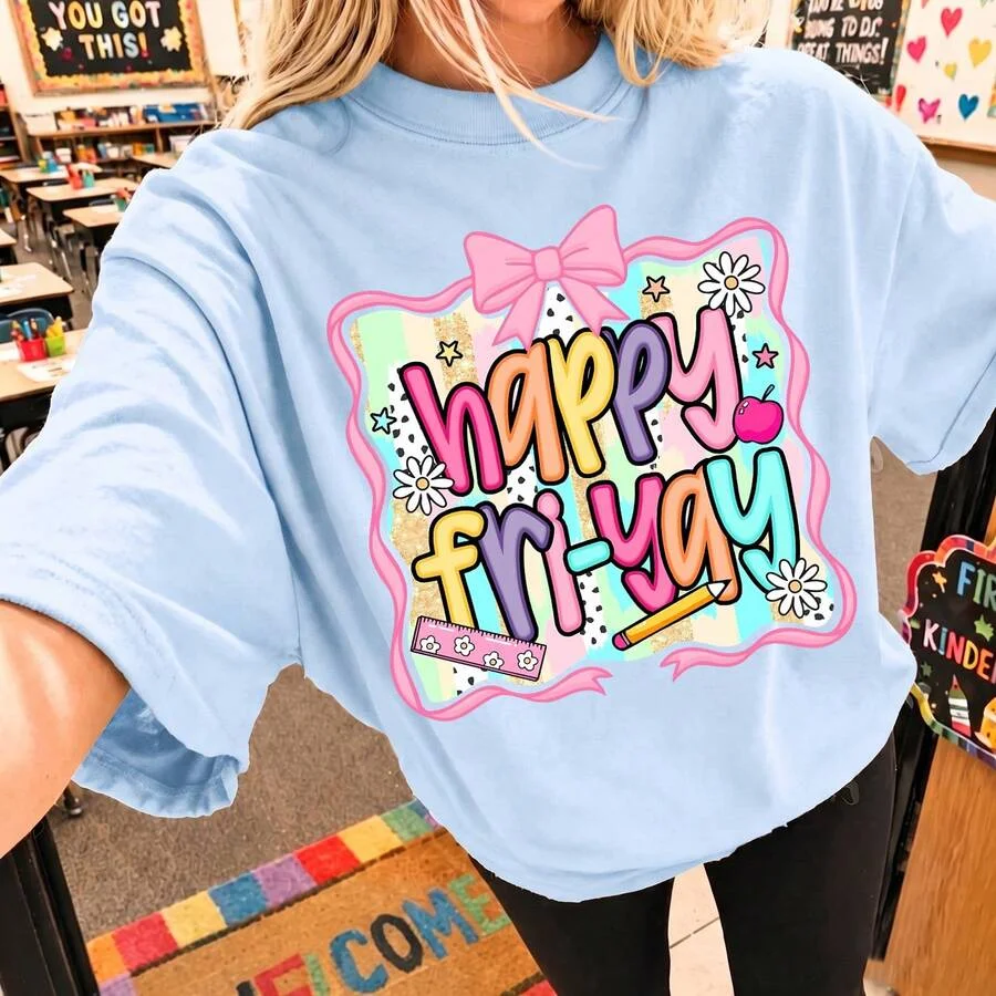2026 Fashion New Women Crew Neck T Shirt Happy Friday Teacher Back To School Graphic Casual Basic Top Tee