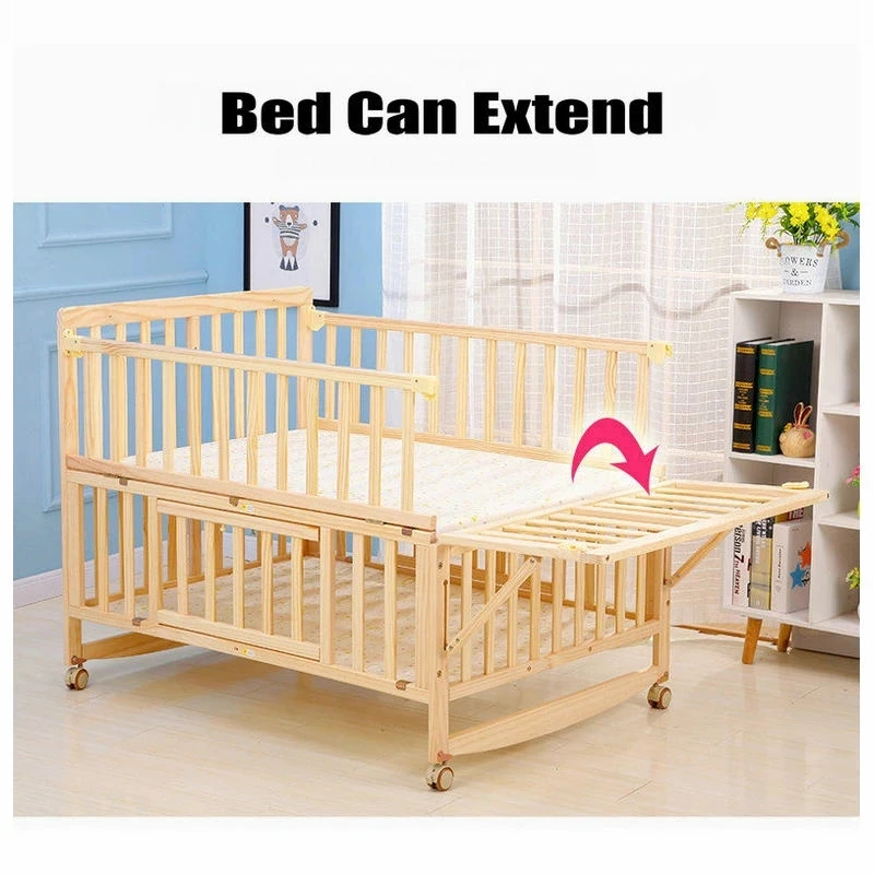 Multifunctional Pine Wood Twins Cot With Quilt Set & Mosquito Net, Crib Can Extend and Joint Adult Bed