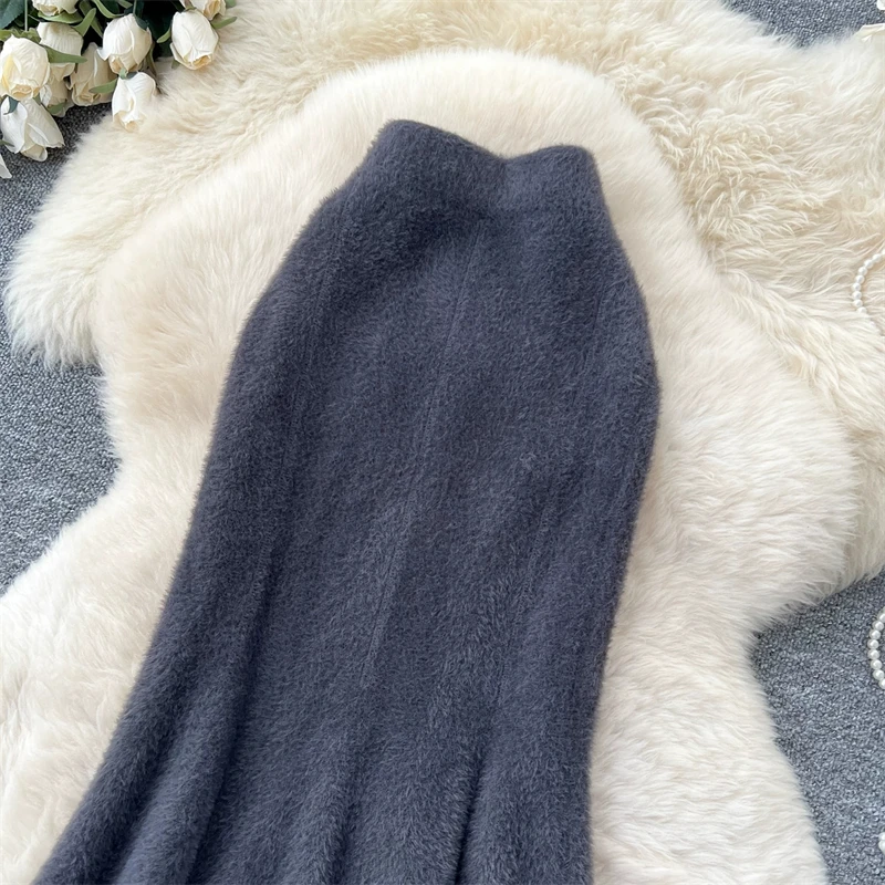 Damen Kunstnerz Gestrickter Meerjungfrauenrock Hohe Taille Weicher Flauschiger Warmer Pulloverrock Herbst Winter Eleganter Figurbetonter Langer Midirock 636 – Detail 27