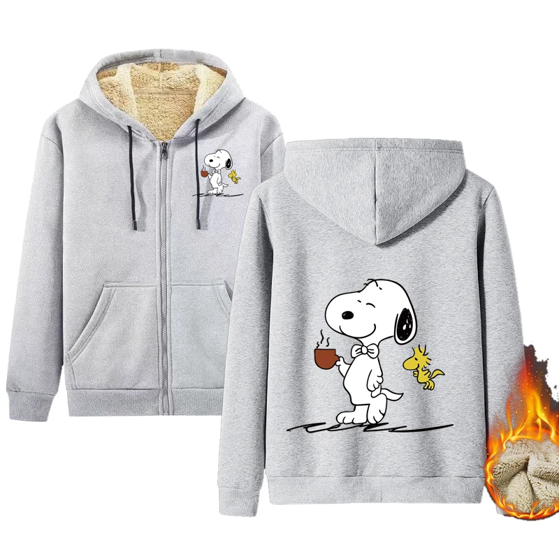 Snoopy Zip Up Fleece  Hoodies for Women Winter Hooded Pullover Cute Cartoon Thicken Sweatshirt Female Sport Outerwear Streetwear