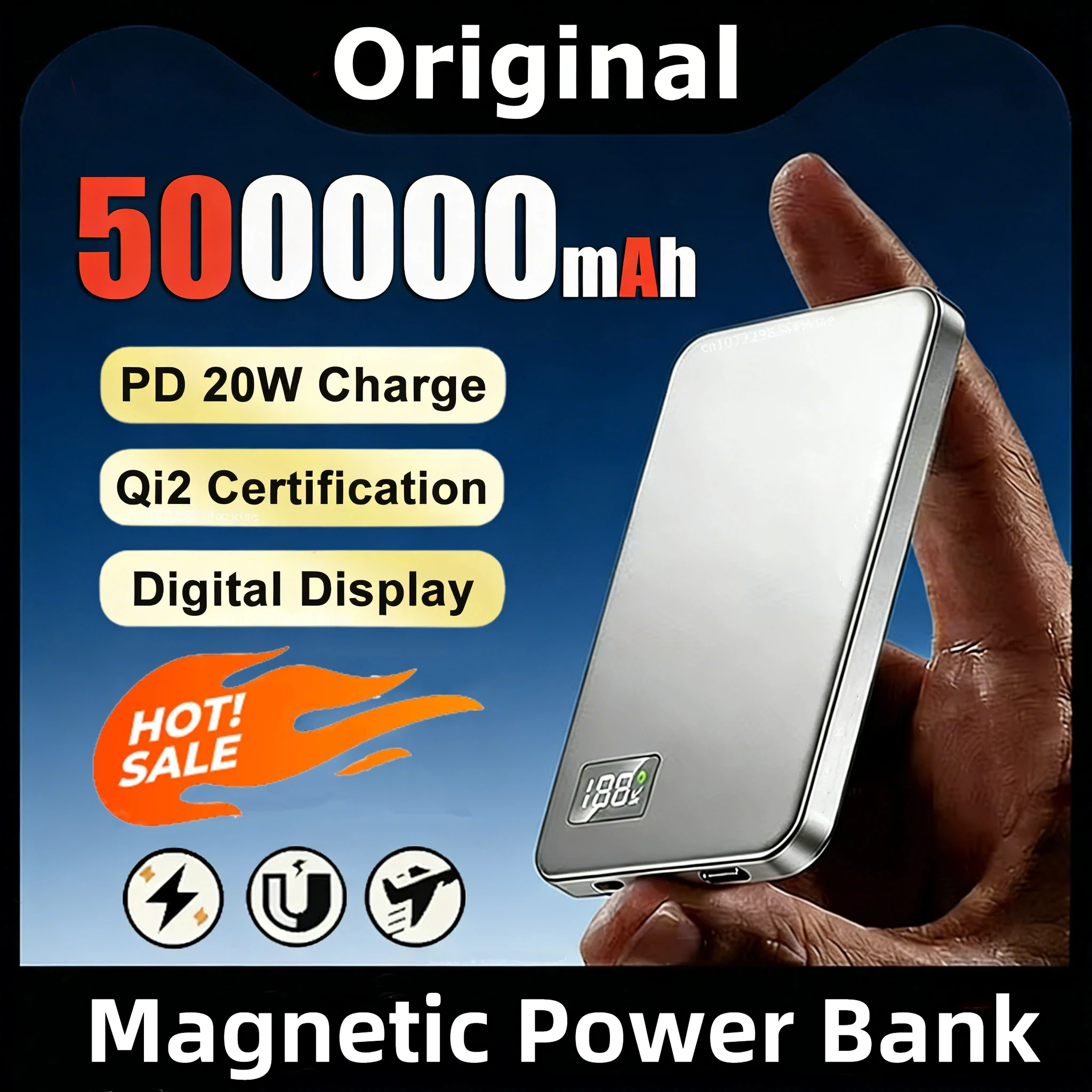 

Магнитный беспроводной внешний аккумулятор 3-в-1 на 500000 мАч, 120 Вт, быстрая зарядка для iPhone Magsafe, Huawei, Xiaomi