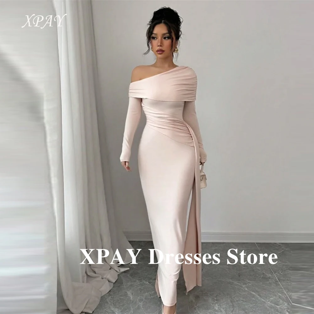 

XPAY Simple Blush Pink Evening Party Dresses Long Sleeves Bodycon Fitted Plus Size Women Formal Occasion Gowns Customized