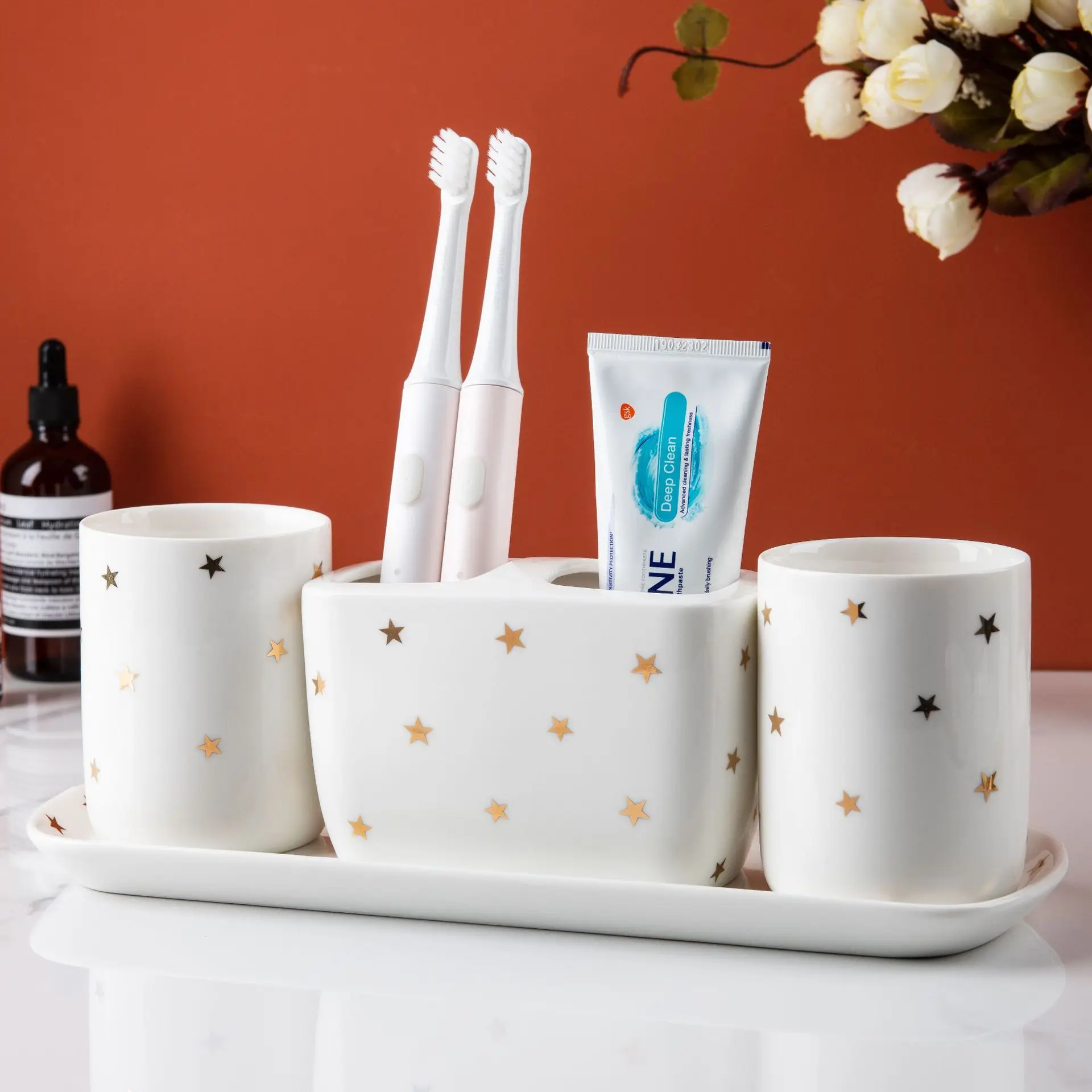 Wash Set Light Luxury Creative Star Mouth Cup Toothbrush Rack Lotion Bottled Soap Box Tray Ceramic Home Bathroom Accessories