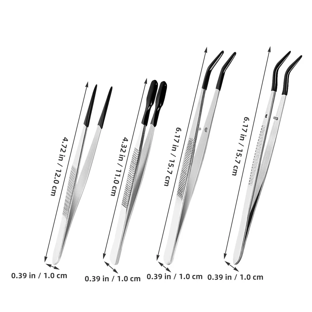 4Pcs Anti Slip Stainless Steel Tweezers Set Precision Crafting for Stamps Coins Eyelash Extensions Silicone Tips