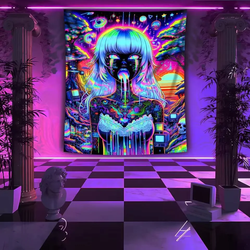 VIKAMA Cyberpunk Girl Psychedelic Hippie Style Wall Decor for Bedroom Gaming Room Atmosphere Decoration Tapestry 26L0713