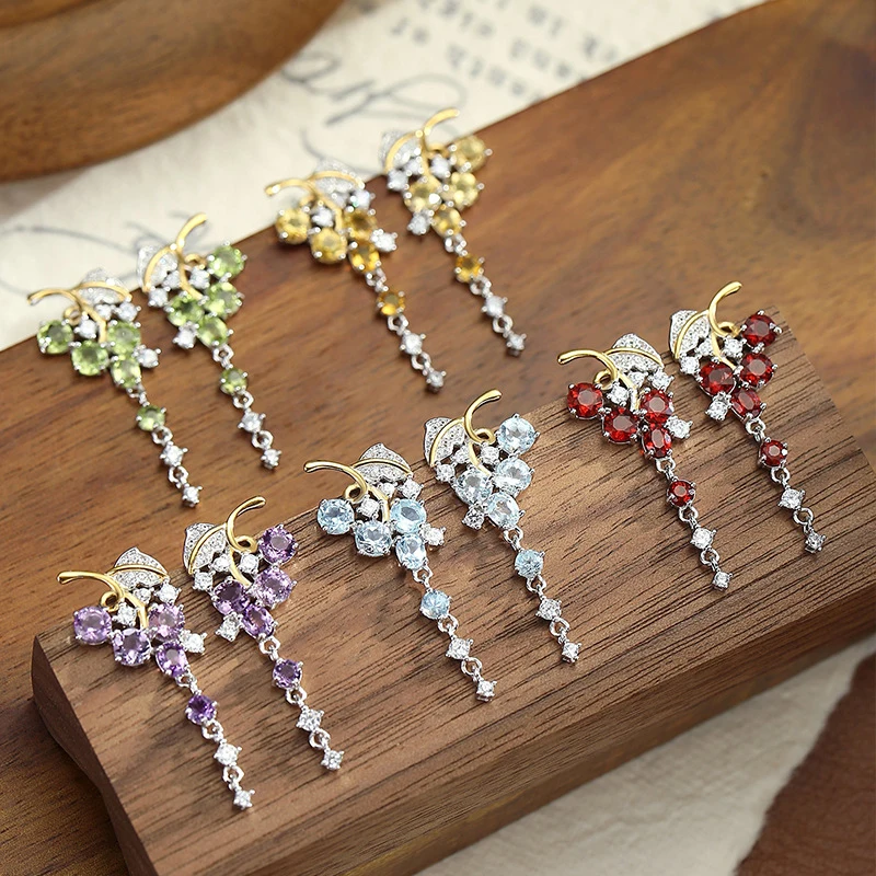 s925 sterling silver , natural stone , leaf-shaped tassel earrings, jewelry women