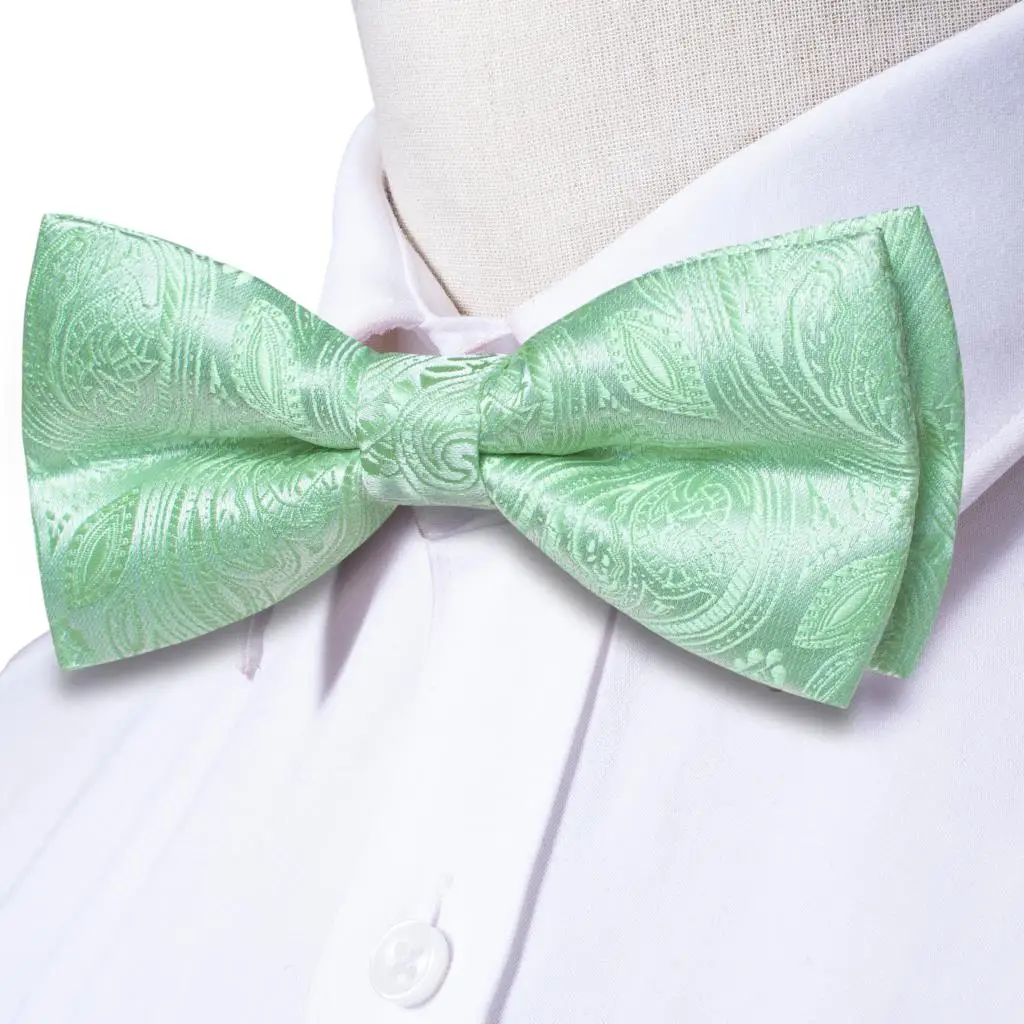 Sage Mint Grass Teal Green Silk Mens Bow Tie Hankerchief Cufflinks Set Pre-tied Butterfly Knot Bowtie for Male Wedding Business