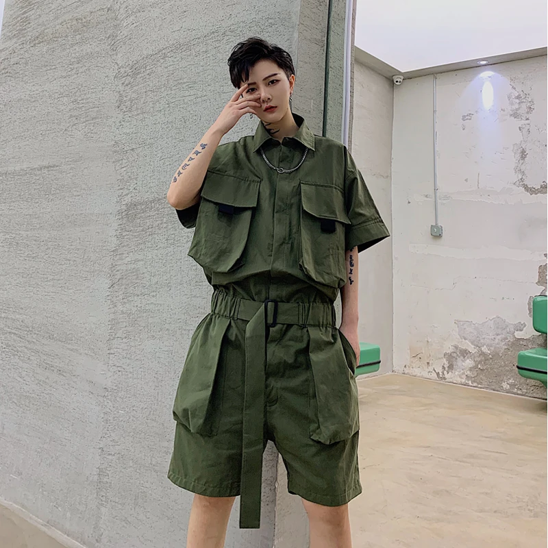 Men One Piece Overalls Multi Pockets Cargo Shorts Dark Harajuku Handsome Ins Bodysuit Singer Shorts Set Belt Sashes Chic Shorts