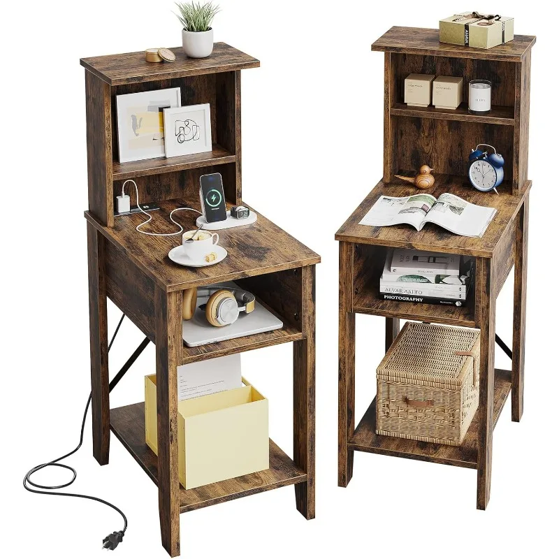 Juego de 2 mesas auxiliares altas para dormitorio, mesita de noche rústica, mesita de noche con carga, juego de 2 mesitas de noche de granja