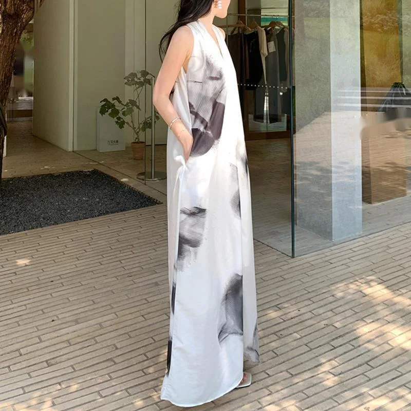 HKSH 夏の新しい女性の休暇スタイルハイストリートカジュアルエレガントな気質トレンディなホルターネックタイダイストラップロングドレス HK6361
