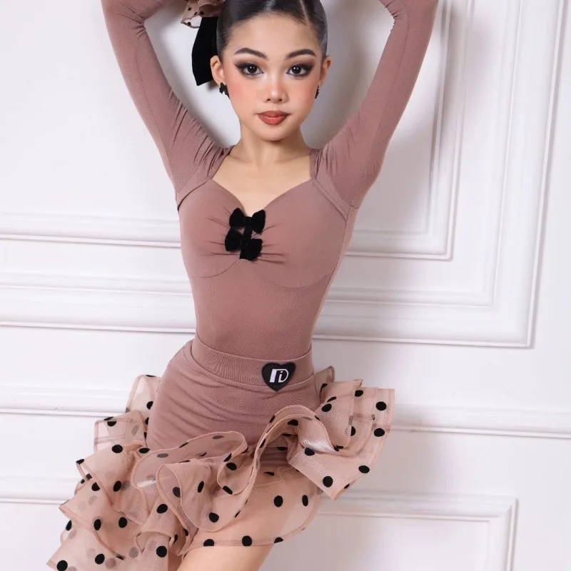 

Костюм для латинских танцев, осенне-зимний костюм с длинными рукавами, новый темпераментный танцевальный костюм для девочек