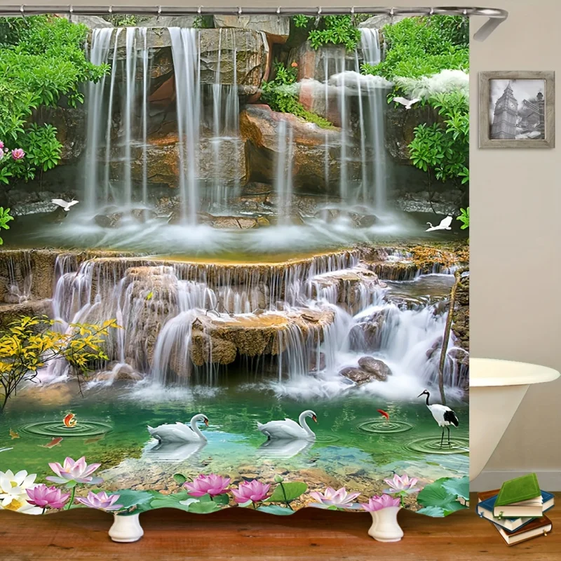 4PCS Forest Waterfall Shower Curtain Set: 182.88cm x 182.88cm Polyester Fabric, Machine Washable, Soft, Artistic Design, 12 Hook