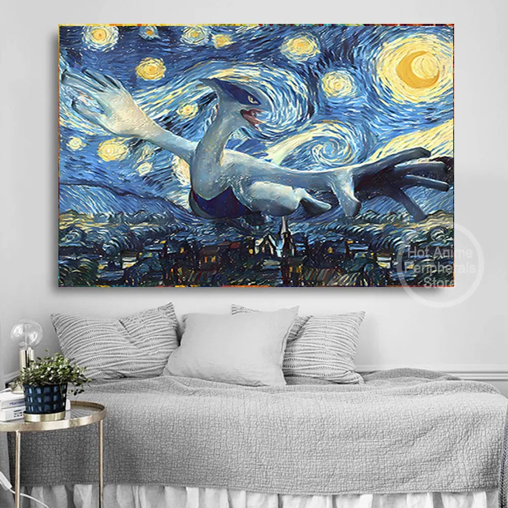 Affiche sur toile Pokémon Van Gogh, la nuit étoilée, anime périphérique, peinture d'art, image Charizard Blastoise, décoration murale, cadeaux pour enfants