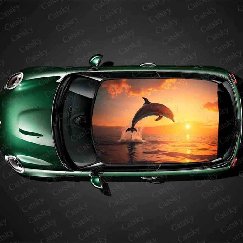 Sunset Ocean with Dolphins Car Roof Sticker Wrap Racing SUV Accessories Packaging Painted PVC Custom Car Graphic Decal