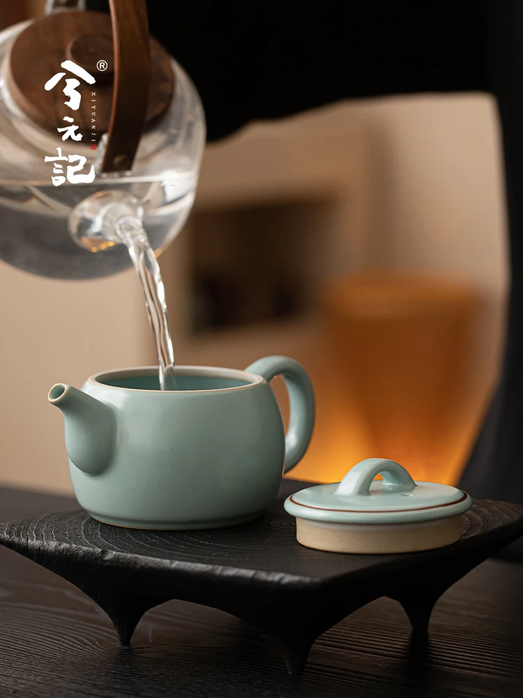 Azure Ru Ware Ceramic Teapot Single High-End Household Chinese Set Han Tile Pot
