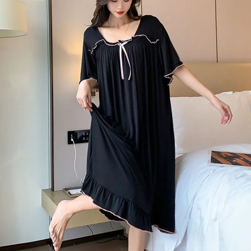 150kg Extra Large Size Loose Sleep Shirt Dress Women Solid Knee Length Short Sleeve Loungewear Summer Pajamas Plus Size Homewear