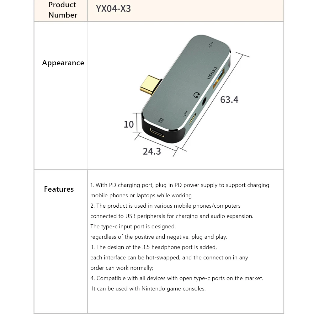 Type-C Extension Hub to 3.5 PD100W USB3.0/USB2.0/USB3.1 HDMI-Compatible Splitter Computer Peripherals