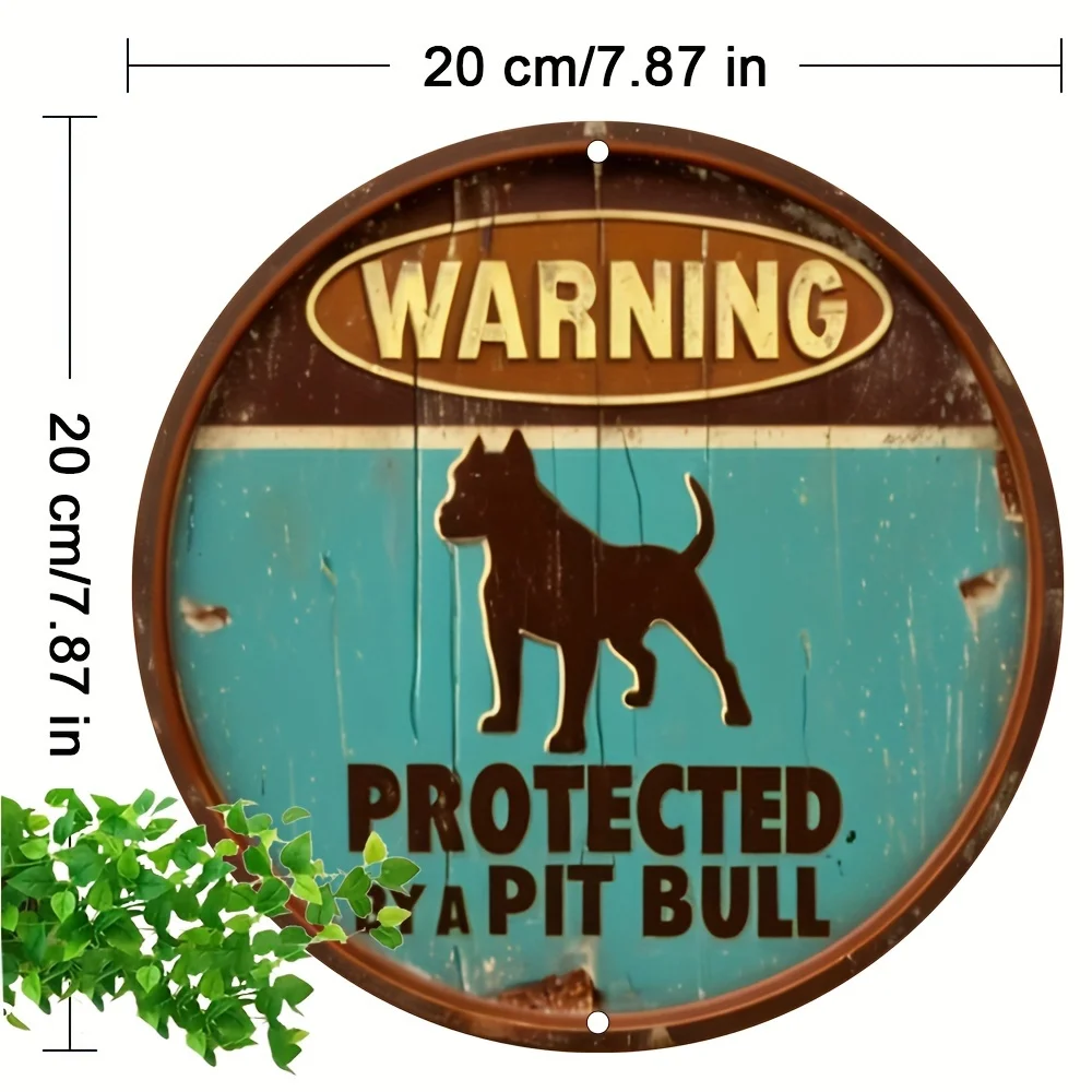 1pc Vintage Pit Bull Warning Sign, Round Aluminum Tin Wall Decor, 2D Flat Imitation Relief, Multifunctional for Home, Garden, Ba