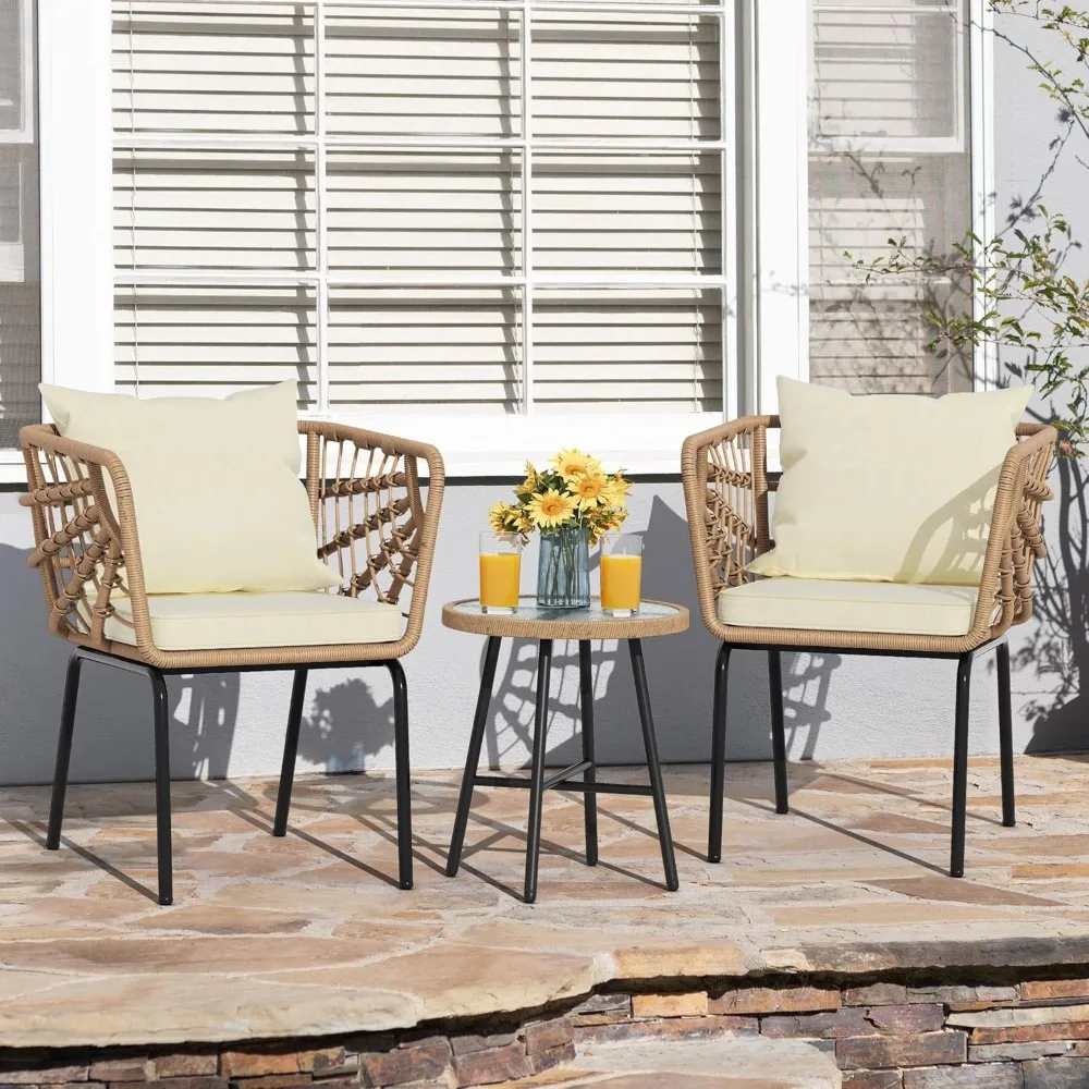 Wicker 3-Piece Outdoor Bistro Set, All-Weather Patio Conversation Set for Balcony,Furniture Set with Table & Cushions