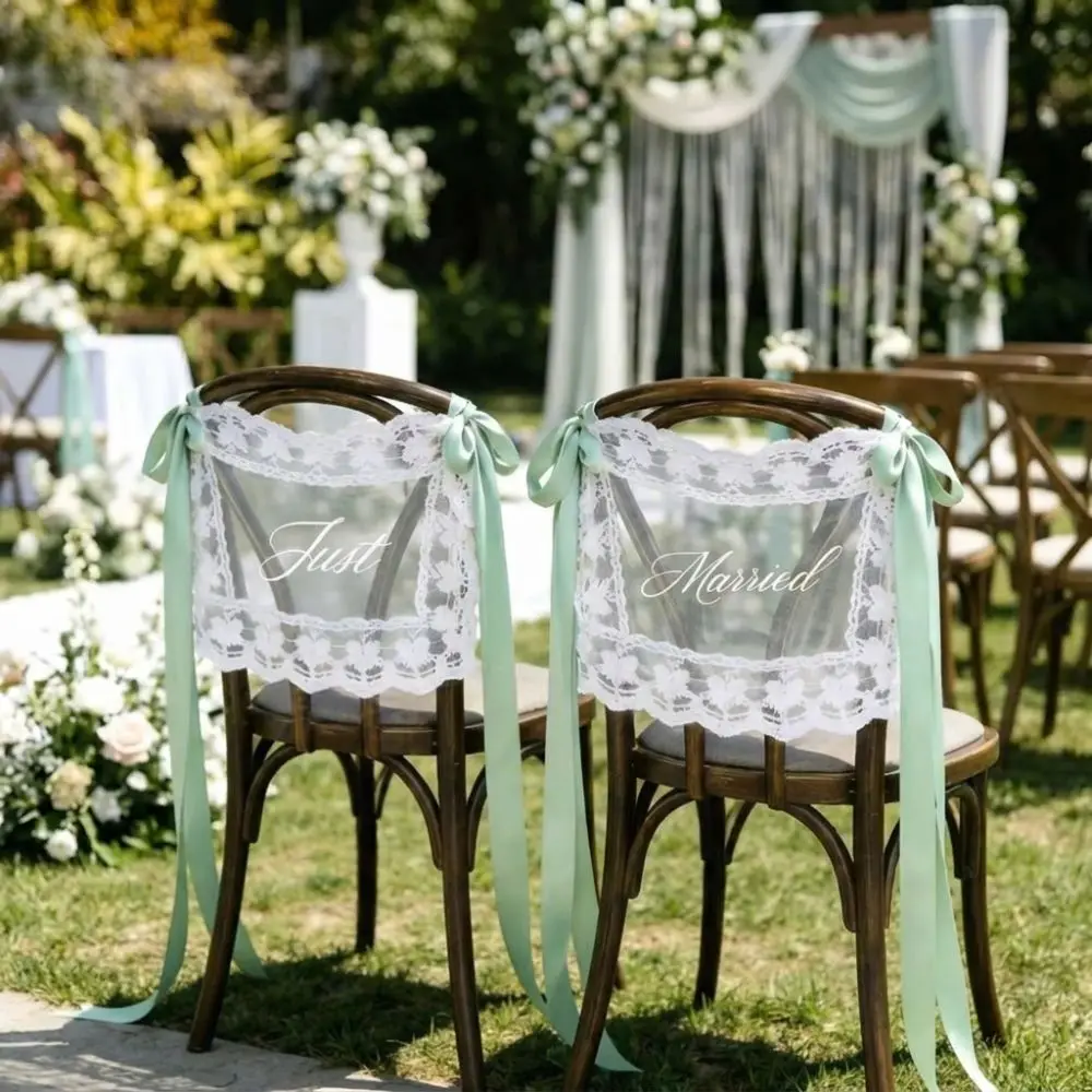 2PCS French Romantic Wedding Chair Back Lace Cover Creative Reusable Strap Chair Cover Multi Purpose Wedding Chair Banners