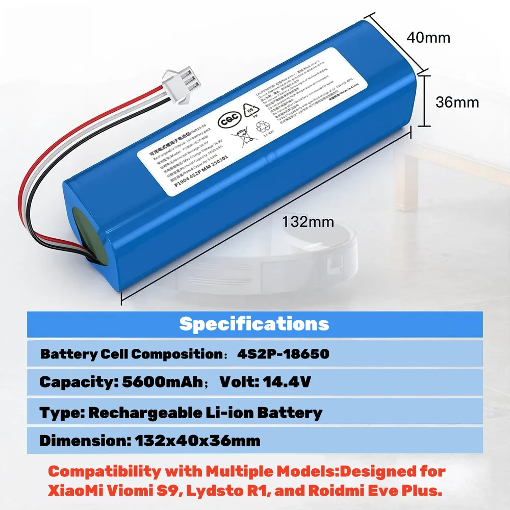 14.4V 2P4S Battery for XiaoMi Viomi S9, Lydsto R1, Roidmi Eve Plus, 5200mAh/6800mAh/9800mAh/12800mAh Lithium, Durable"
