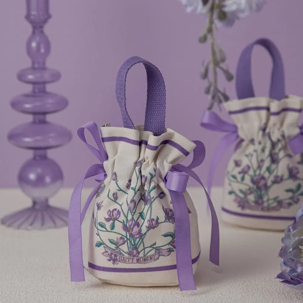 Mesh Flower Canvas Floral Drawstring Bag Large Capacity Satin Bow Small Flower Wrist Bag Coin Purse Wallet Korean Style