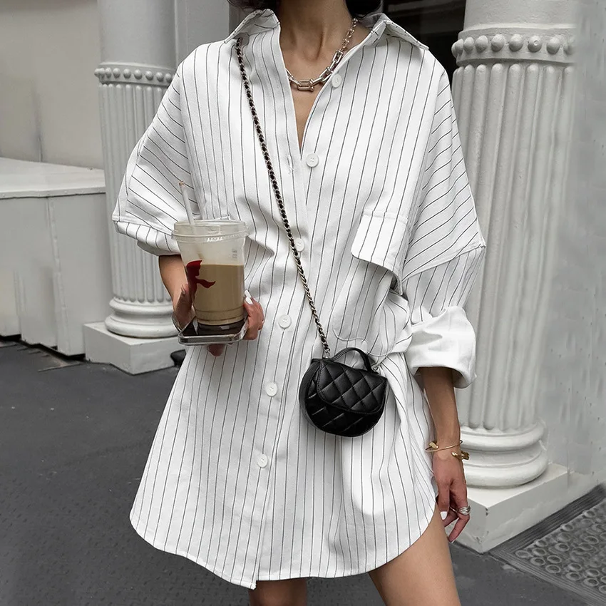 Black White Stripe Blouse Full Sleeve Turn-down Collar Euro-America Style Office Lady Simple Blouse Women