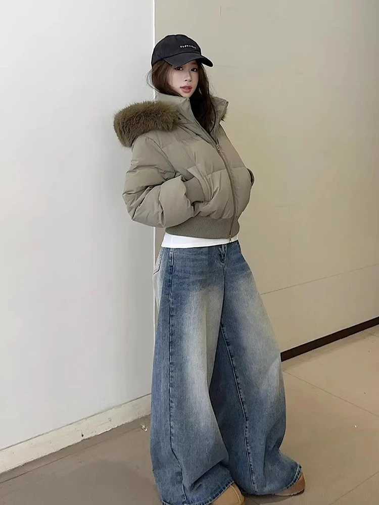 معطف نسائي من American Sle Retro Winter Cotton Jaet بياقة من الفرو الصناعي وغطاء للرأس للتخسيس معطف من ألياف البوليستر