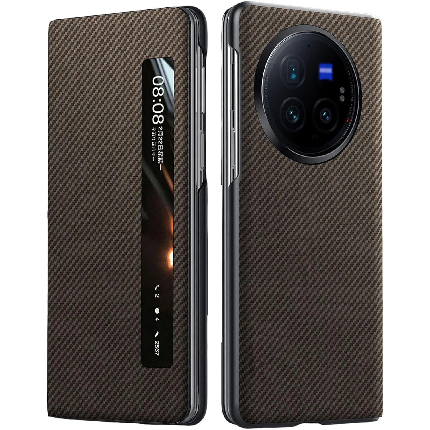 Case for Vivo X Fold 3/3 Pro, Smart Sleep/Wake Up Function Clear View Window Slim Hard PC Flip Cover Carbon Fiber Texture