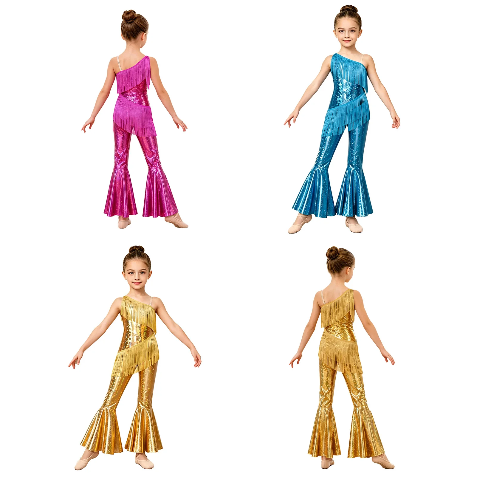 Children Girls Metallic Shiny 70s Disco Latin Jazz Dance Flared Jumpsuit Sleeveless Tassels Zipper Bodysuit for School Party