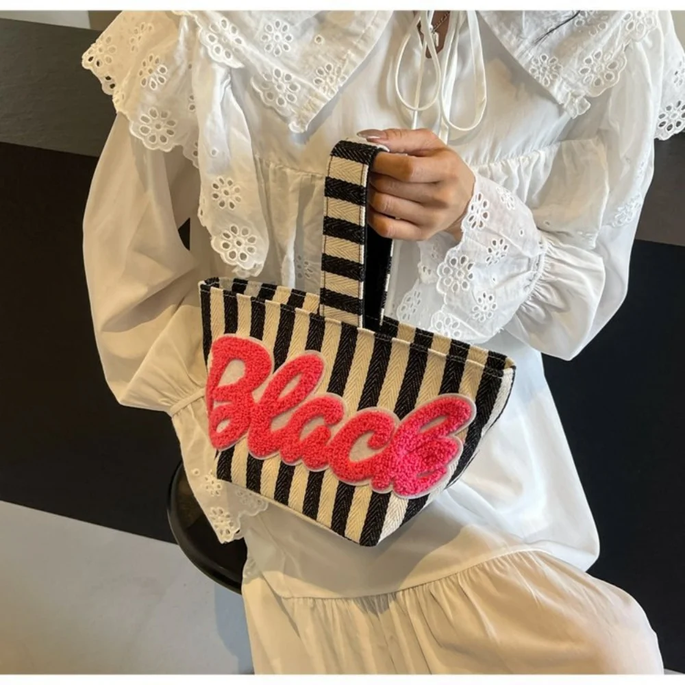 Summer Small Canvas Handbag Commuter Phone Bag Striped Buet Bag Faionable Versatile Handheld Bag for Young Women Girls image 3