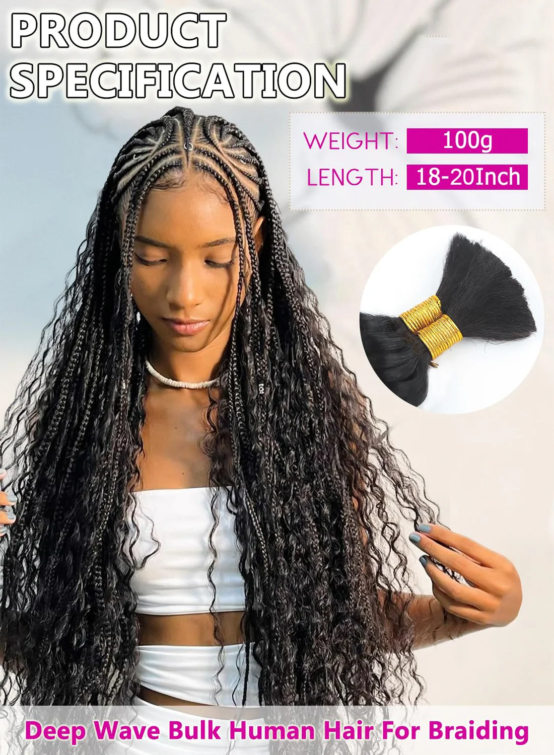 2 Bundles Human Braiding Hair for Boho Braids, 18Inch 100G 10A Brazilian Virgin Deep Wave Bulk Human Hair for Braiding