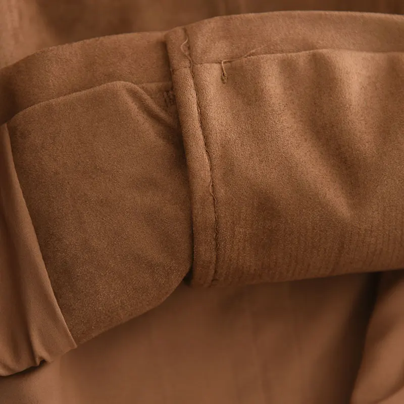 2025年秋向けレトロラウンドネスリムスエードジャケット、レディースファッショナブルショルダーレングススリーブロングアウターコート