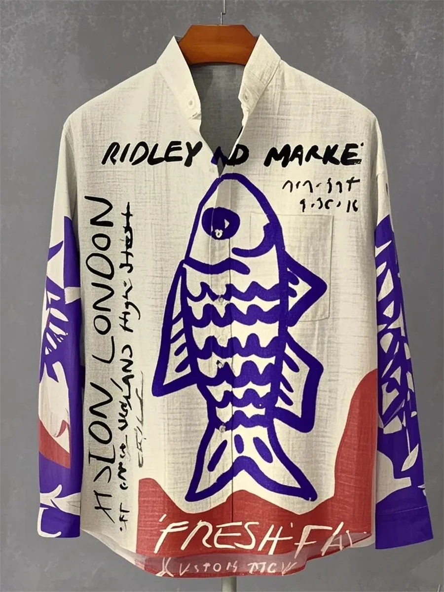 2025 Spring and Summer Men's New Fashion Elegant Fish Pattern Casual Trend Linen Long Sleeve Shirt Button Top Men's Casual Shirt