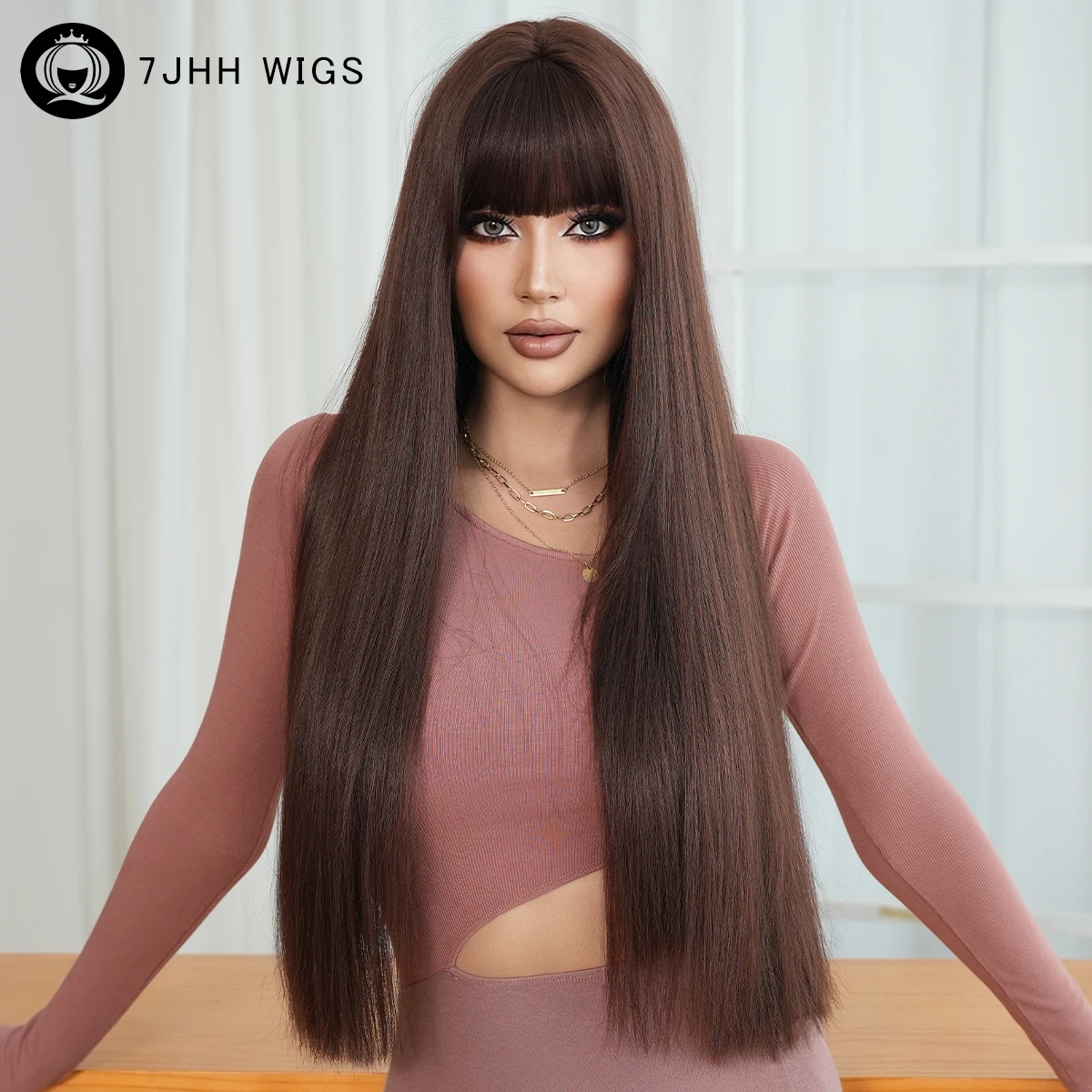 

Long Straight Mocha brown Wigs for Women Daily High Density Synthetic Modest Fashion Brown Wigs with Curtain Bangs 28.34 Inches