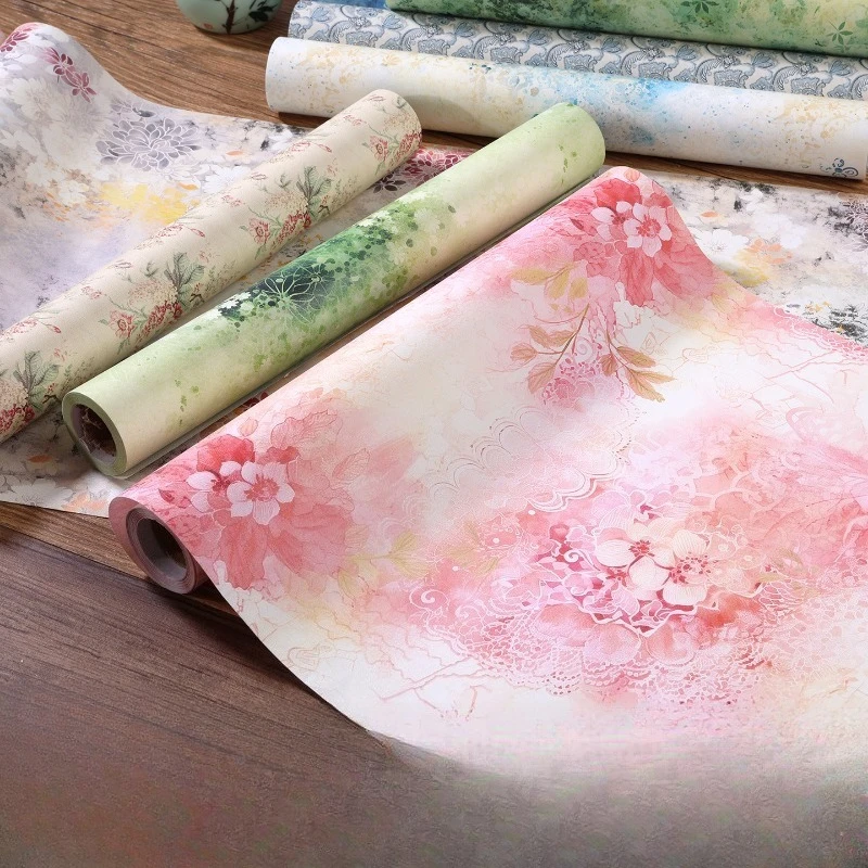 Wax Dyed Long Scroll Floral Xuan Paper Half Raw Rice Paper Color Stationery for Regular & Running Script Brush Calligraphy