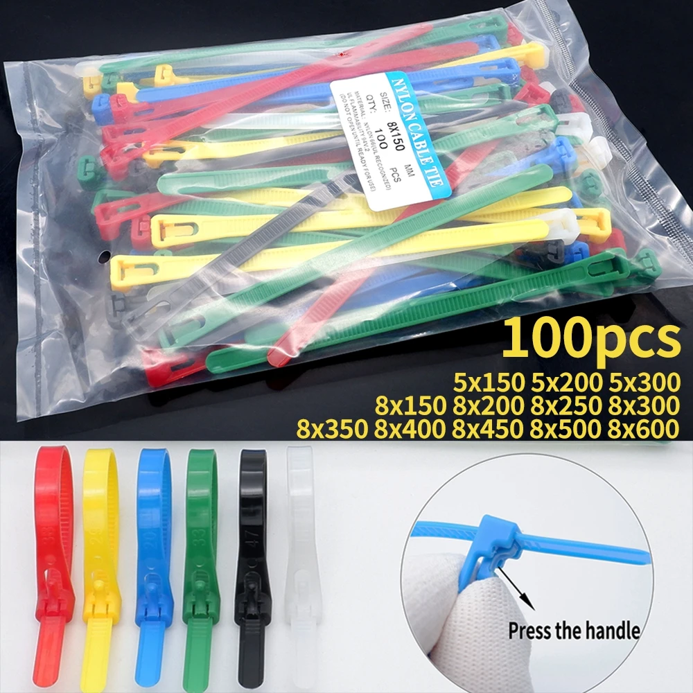 100pcs Reusable Cable Zip Ties Releasable Fixed Binding Mixed Color Black White Disassembly May Loose Slipknot Cable Ties Nylon