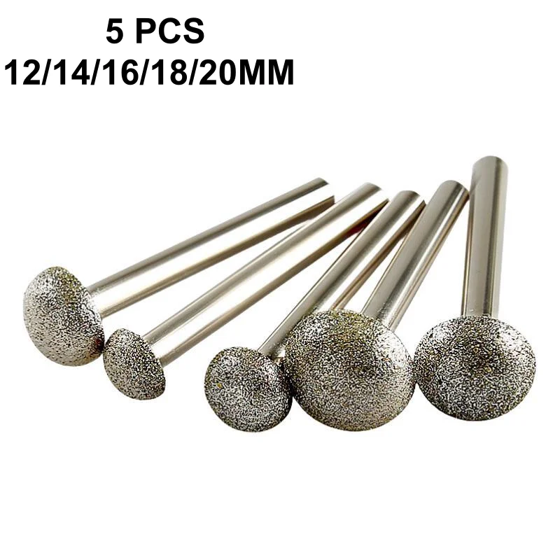 5PCS 12/14/16/18/20mm Diamond Burr Carving Grinding Bit with 6mm Shank For Engraving Glass Jade Marble Rotary Tools Accessories