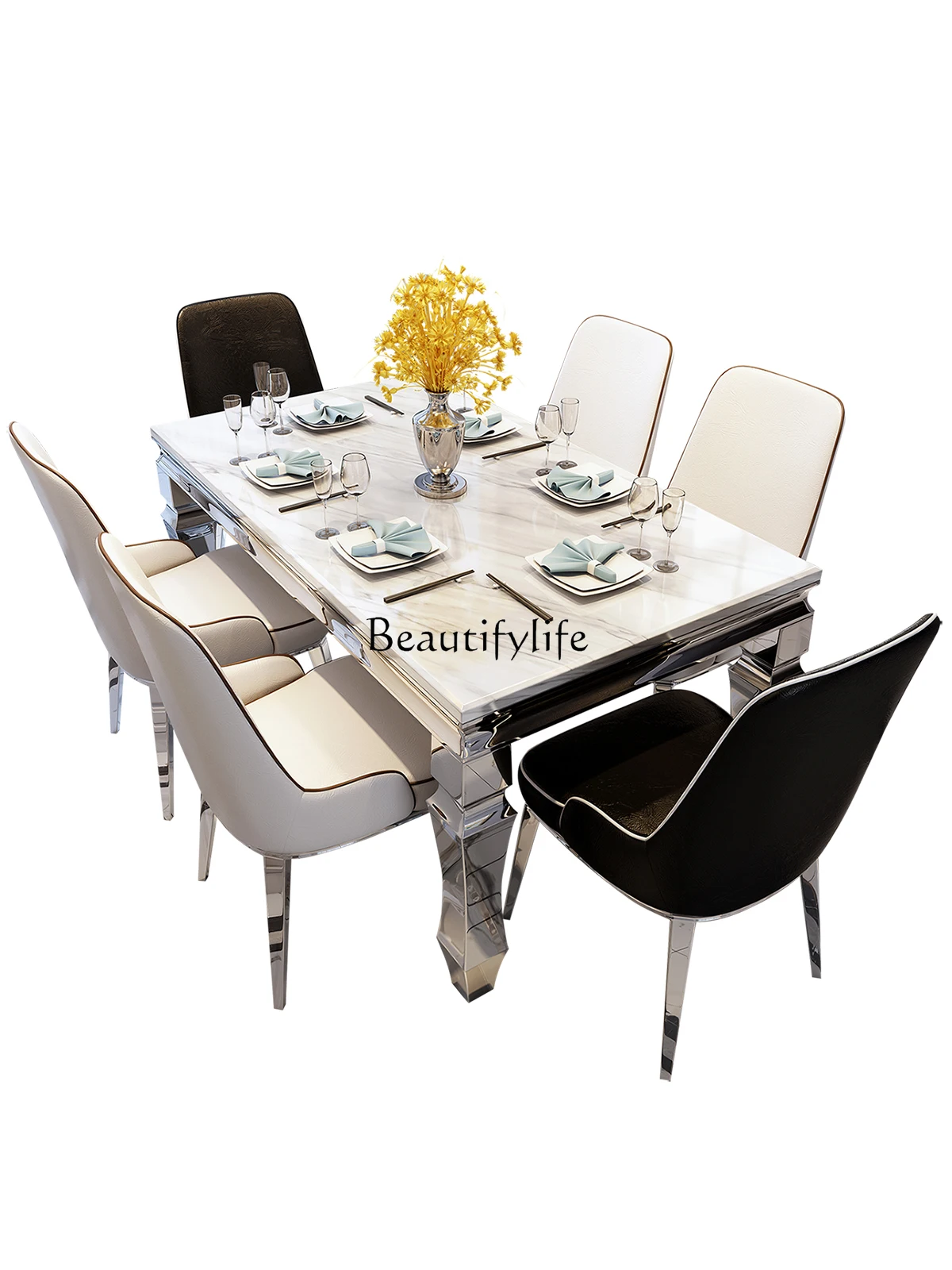 

Marble Dining Tables and Chairs Set Rectangular Stainless Steel Tableware Stone Plate