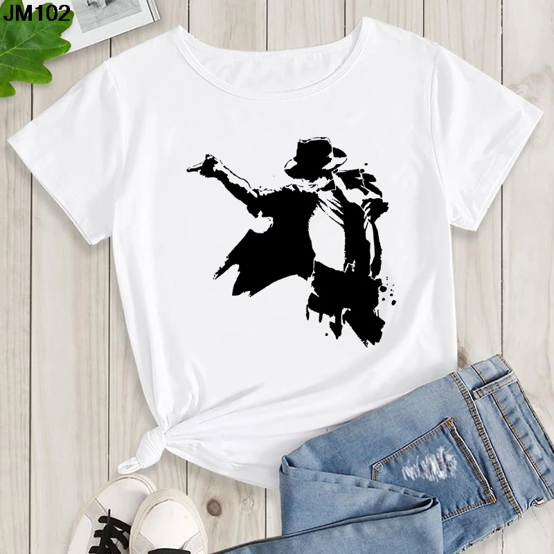 

Summer women's Tshirt King Of Pop Michael Jackson print Female T shirt Harajuku casual Short Sleeve white top woman Rock T-shirt