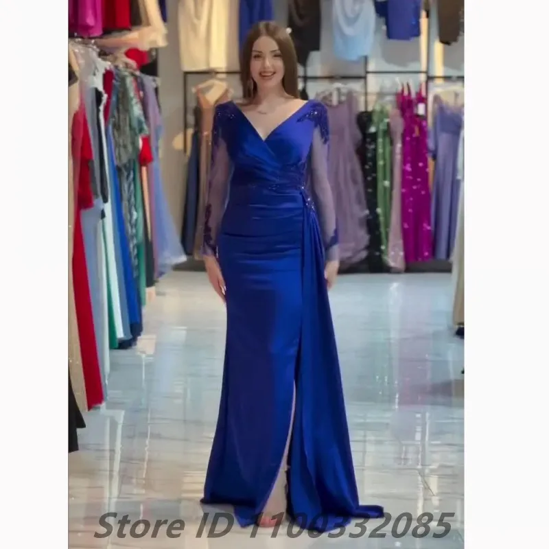 Eightale-vestido de noche de sirena azul real, cuello en V, Sexy, con abertura, apliques de cuentas, manga larga, vestido de fiesta de Dubái personalizado