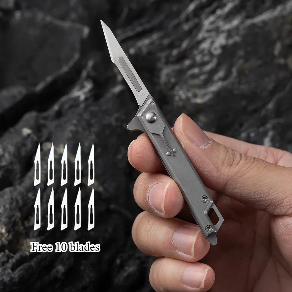 New Titanium Alloy Surgical Quick Opening Folding Knife EDC Unboxing Pocket Outdoor Camping Knife,with 10pcs Replaceable Blades